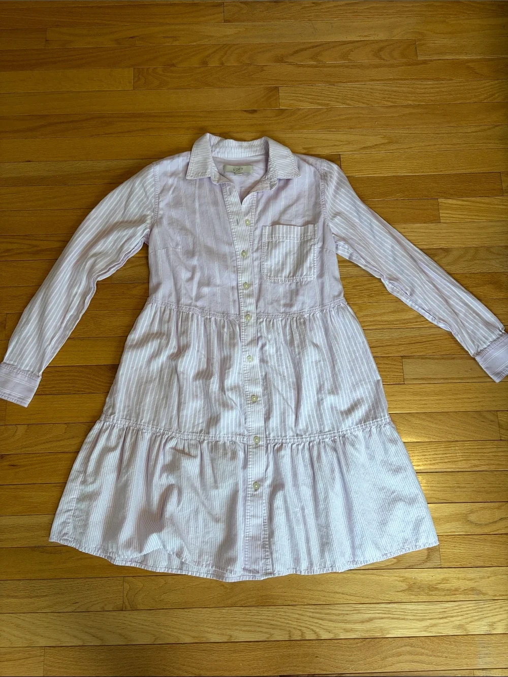 LOFT Lavender Striped Button-Front Tiered Dress - Picture 1 of 8